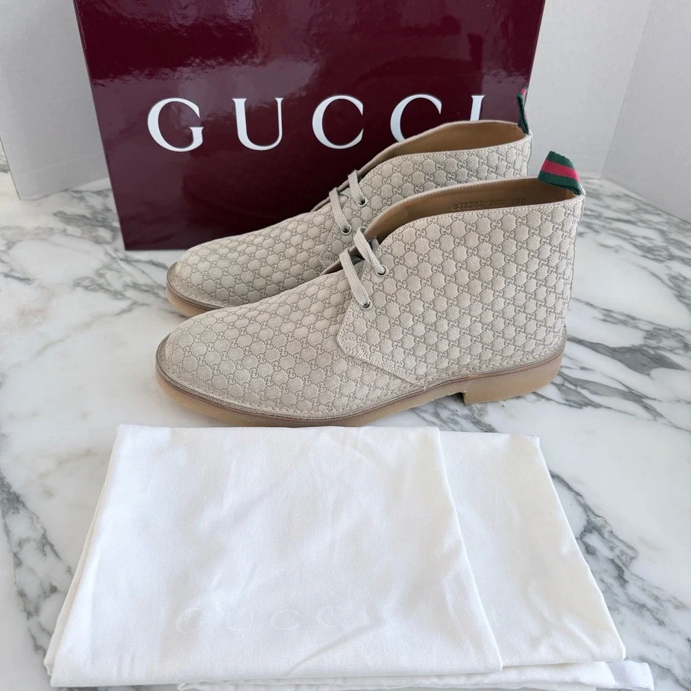 GUCCI GG Suede Desert Boots Embossed Oatmeal Tan Shoe, G 9